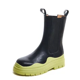 Boots Motorcycle Women Chelsae Winter Leather Shoes Green Botas Wedges Female Platforms Womens Combat Ladies Shoe Mujer