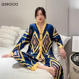 QSROCIO Women's Pajamas Set Super Fashion Big Rhombus Print Sleepwear Luxury Silk Like Nightwear Casual Homewear Femme 211112