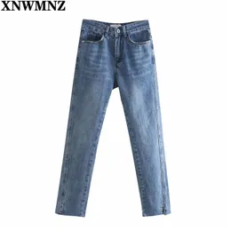 Wome Fashion faded high-rise Jeans Female Chic high-waisted pockts button zip fly side slits hem pants Lady trousers 210520
