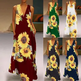 Sommer Frauen Casual Sunflower Print Plus Größe V-ausschnitt Kleid Ärmel Lose Party Lange Druck Vintage Vestidos Mujer Kleider