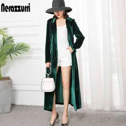 Nerazzurri High Quality Long Green Black Soft Velvet Trench Coat for Women Fall Peaked Lapel Long british style Overcoat 210812