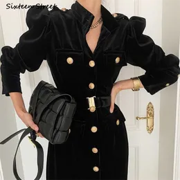 Sonbahar Kış Altın Düğme Siyah Elbise Kadınlar Için Chic Vintage Vestido Maxi Elbiseler Bayanlar Ofis İş Koreli Giyim 211206