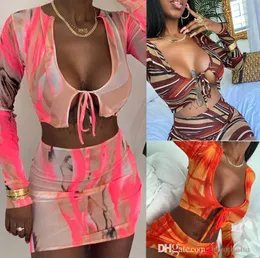 Womens Sexy 2 Two Piece Dresses Mesh Printed Lace-up Bodycon Mini Skirts Set Fashion Streetwear
