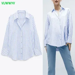 Branco xadrez azul camisas enorme mulher verão chique botão casual up longa camisa mulheres manga completa streetwear senhoras tops 210430