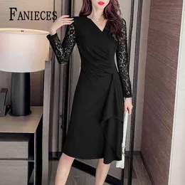 Spring Autumn Office Lady Solid Black Button Lace Dresses For Women Sexy Long Sleeve Midi Woman Dress Female Vestidos de mulher 210520