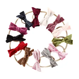 2022 Nya 13 färger Velvet Ribbon Bow Baby Nylon Headband Knotted Hair Band för Spädbarn Fotografi Props