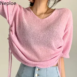 Neploe Örme Kazak Gömlek Kadın Kore Chic Yaz Şeker Renk Mirasçalar V Yaka Tüm Maç Gevşek İpli İnce Tees Tops 210422