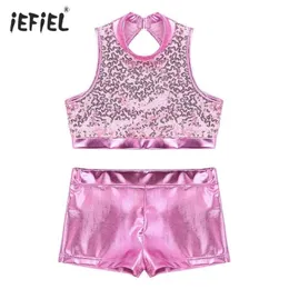 Kızlar Yaz Giysileri Set Moda Sparkly Sequins Kolsuz Kırpma Üst Metalik Dipleri Set Caz Hip Hop Sahne Dans Çocuk Giysileri 210326