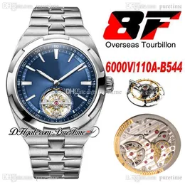 8f Traditionells handlindning Skelett Tourbillon Mens Watch 6000V / 110A-B544 Blue Dial Stick Markörer Rostfritt Stål Armband Super Edition Klockor Puretime A01