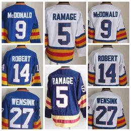 Män Retro Ice Hockey Vintage 14 Rene Robert Jerseys 9 Lanny McDonald 27 John Wensink 5 Rob Ramage 19 Joe Sakic 21 Peter Forsberg andningsstygn Blå Vit Xuebeng