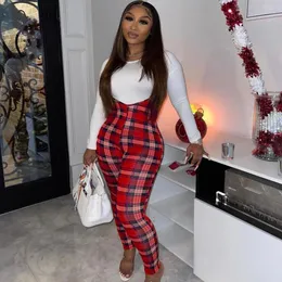 Christmas Festival Women Set Full Sleeve 2 Pieces Clothes Suit Two Pieces Plaid Print Tracksuit Outfits X0428