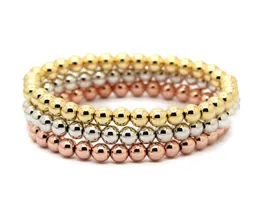 Wholale 10pcs/lot 6mm 24K Real Gold, Rose Gold, Platinum Plated Round Copper Beads Men Woman Birthday Gifts Stretch Bracelet