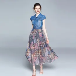 LLZACOOSH Mode Frauen Sommer Elegante Denim Kleid Hohe Qualität Vintage Chiffon Print Designer Runway Kleider Vestidos 210514