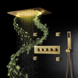 Set doccia da bagno Lussuoso sistema LED termostatico in oro spazzolato Rubinetto Musica Pannello pioggia Soffione a cascata ad alta pressione