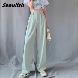 Verão Seoulish Outono Silk Silk Mulheres Legais Calças Alto Cintura Elegante Longo Trabalho Casual Calças Soltas Feminino 211115