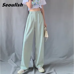 Seoulish Sommer Herbst Eis Seide Frauen Breite Bein Hosen Hohe Taille Elegante Lange Arbeit Casual Lose Hosen Weibliche 211115