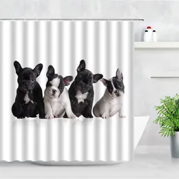 Cute Dog Prysznic Zasłony Czarne Śmieszne Zwierzęta Wzór Buldog Francuski Buldog Print Biały Dom Wood Decor Haczyki Kurtyna do kąpieli Zestawy 211116