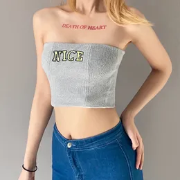 Imcute 2021 Summer Women Tube Top Womans Embroidered Letter Pattern Gray SleevelTanks Ladies Casual Boat Neck Crop Top New X0507