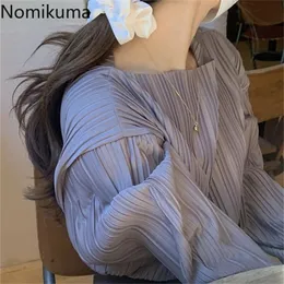 Nomikuma Causal O-neck Women Shirt Korean Pleated Long Sleeve Blusas Femme Autumn Chic Solid Blouses Feminimos Tops 6C279 220307