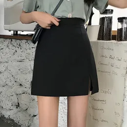 Coreano A-Line Split Mini Mulheres Saia Cintura Alta Zíper Slim Sólido Feminino Saias Verão Moda Senhoras Bottoms Básicos 210518