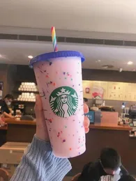 24OZ/710ml Starbucks Rainbow Plastic Tumbler Reusable Clear Drinking Flat Bottom Cup Pillar Shape Lid Straw Mug Bardian Tumblers