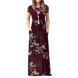 GULE Short Sleeve Summer Pleated Empire Waist Round Neck Floral Maxi Long Pockets Dress 210630