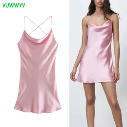 VUWWYV Pink Satin Thin Straps Dress Women Summer Sexy Backless Slip Party Woman Elegant Gowns Club Short Vestidos 210430