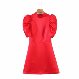 Vintage kobieta czerwony rękaw puff sukienka satynowa wiosna eleganckie damskie strony mini sukienki żeński eleganckie święta 210515