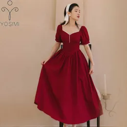 Yosimi Długie Dres Lato Vintage Krótki Rękaw Puff Bez Ramiączek Fit and Flare Mid-Cielący Czerwony Wino Empire Dresses Dresses 210604