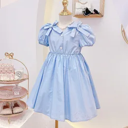 Pretty Princess Summer Short Sleeve Bow Buttons Solid Mid-Calf Dress Toddler Kids Baby Children Clothes 3-8Y Q0716