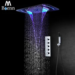 Boenn Regenduschsysteme, LED-Kopf, Badezimmer-Wasserhahn, Thermostatventil, Bad-Mischbatterie, eingebettetes Decken-Set, Chrom-Sets