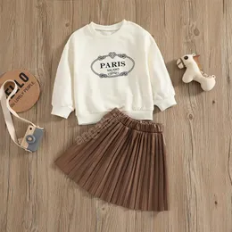 Girls Roupas Set Letter Top + Saia De Couro Outfits Queda Crianças Roupas Boutique 1-5T Children Algodão Mangas compridas Terno Casual Doce