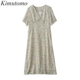 Kimutomo V-neck Retro Floral Dress Women French Style Summer Female Elegant Short Sleeve Slim Waist Lace Up Vestidos 210521