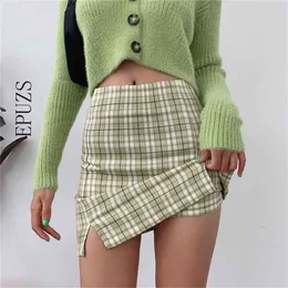 Sexig grön plaid mini kjolar kvinnor slits hög midja bodycon kjol söt flicka penna casual party sommar faldas mujer 210521