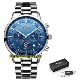 Lige evighet LG9877 Sport Mens Klockor Datum Blå Ringa Japan VK Quartz Chronograph Movement Men Se Stålfodral Silvery Rostfritt Armband