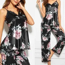 Kvinnor Satin Sleepwear Suit Spring Lace Trim Pajama Pajama Set Print Blom Nightwear Casual Home Wear Underkläder S-XL 210809