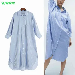 Blau gestreiftes übergroßes Hemdkleid Frauen Sommer Casual Button Up Midi Frau Langarm Asymmetrischer Saum Vestidos 210430