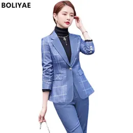 Boliyae Höst Vinter Kvinnor Blazers och Byxor 2 Piece Passar Elegant Plaid Jacka Coat Business Formal Professional Trouser Sets 210927