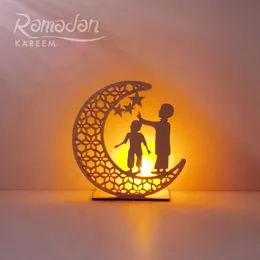 1 stück LED Holz Eid Mubarak Plaque Moon Star Ramadan Ornament Muslimische Dekor Anhänger Islam Muslim Event Party Supplies Q0810