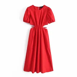 BBWM Lato Za Kobiety Sukienka Moda Hollow Bandaż Red Midi Sukienka Kobieta Krótki Rękaw Puff Eleganckie Party Długie Suknie Szata 210520