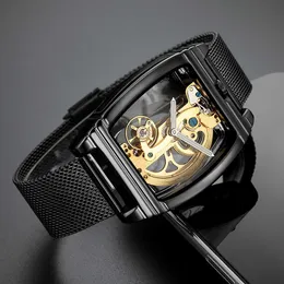 Automatische mechanische Herren-Armbanduhr, Tourbillon-Uhren, transparent, Steampunk-Skelett, Luxus-Edelstahl-Automatikuhr