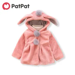 Vår och höst baby toddler tjej bedårande kanin öra dekor pompon fasta fleece varma hooded coat 210528