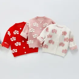 Wiosna Jesień Cute Baby Girls Embroider Cardigan Coat Odzież Dzieci Długie Rękaw Dzianiny Kwiat Dzieci S 210429