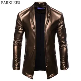 Shiny Gold PU Leather Blazer Jacket Męskie Marka Slim Fit Cardigan Mens Blazers Nightclub Party DJ Stage Clothers dla mężczyzn 210522