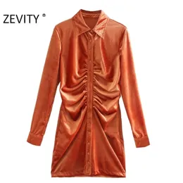 Zevity Autunno Moda Donna Arancione Colore Verde Pieghettato Monopetto Camicia Slim Abito Donna Manica lunga Velluto Vestido DS4617 210325