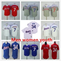 Mężczyzn Kobiety Młodzież Młodzież Baseball 7 Ivan Rodriguez Jersey emeryt 34 Nolan Ryan Pullover Vintage Cool Base Szygowana drużyna domowa