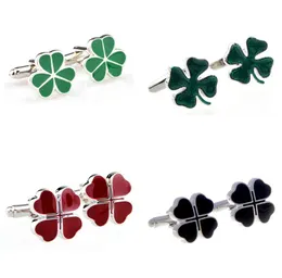 10Pairs / Lot Four Leaf Manschettknappar Grön / Svart / Röd Emalj Clover Leaves Cuff Links Mens Smycken Xmas Present