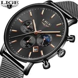 LIGE Fashion Mens Watches Top Brand Luxury Quartz Watch Men Casual Mesh Steel Waterproof Sport Watch Male Relogio Masculino+Box 210527