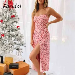 Цветочные печать щель длинного платья женщин спагетти ремешок Maxi летний пляж без рукавов Slip Sundress Pink 210427