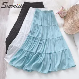 التنانير Surmiitro Cotton Linen Long Skirt Women for Spring Summer 2021 Korean Blue White Black High Weist Sun School Maxi Female